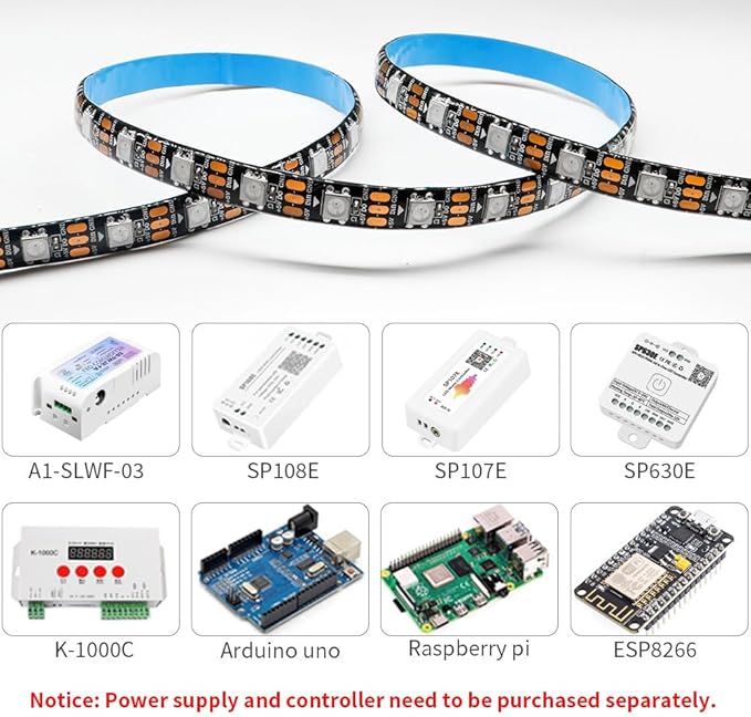 WS2812B IC RGB 5050SMD ECO Individual Addressable LED Strip Light, 16.4FT 300LED 60LED/m Flexible Full Color IP65 Waterproof DC5V Black PCB for DIY Project (No Power Adapter or Controller)