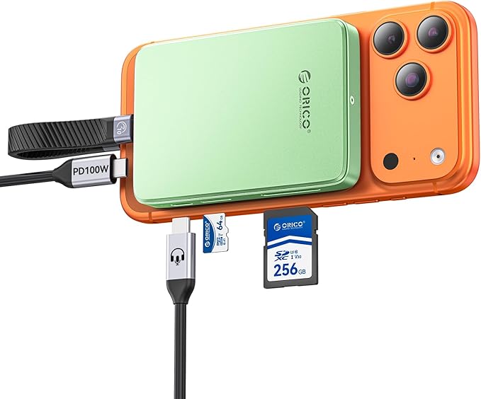 ORICO 10Gbps Magnetic M.2 NVMe SSD Enclosure with USB-C Dock Compatible for Phone 17/16/15 Pro/Max/Plus ProRes Recording TF/SD Card Slot PD 100W for 2230/2242/2260/2280 B+M M-Key Diskless AP80F Green