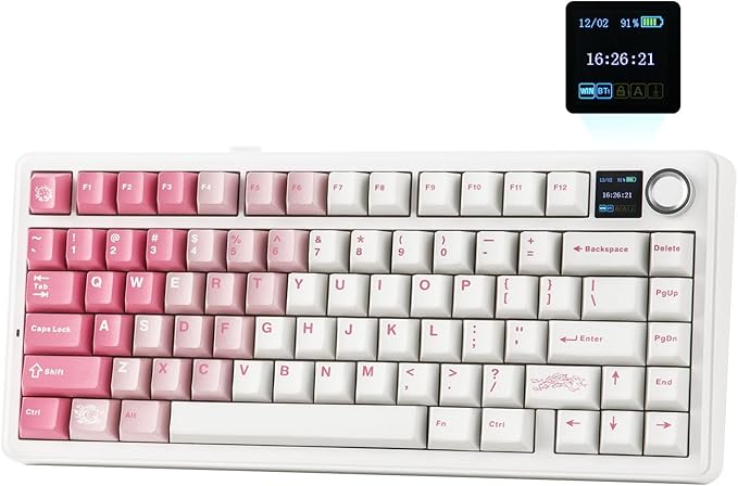 EPOMAKER X Aula F75 MAX Wireless Mechanical Keyboard with TFT Screen and Knob, Gasket Keyboard in 75% Layout, Hot Swappable Gaming Keyboard for PC/Mac/Linux (White Pink)