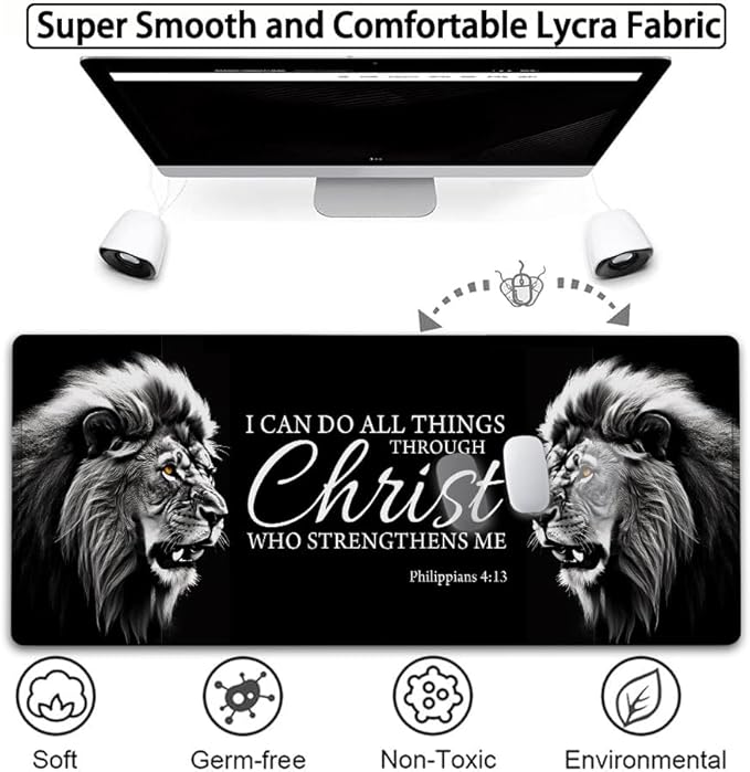 Large Gaming Mouse Pad,31.5x11.8in Extended Computer Mouse Mat with Non-Slip PU Base, Ergonomic Memory Foam Keyboard Wrist Rest, for Work Gaming, Fierce Lion Philippians 4:13 Black Office Desk Pad