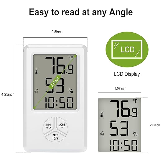 Urageuxy Digital Hygrometer Indoor Thermometer with Min Max Records, Humidity Gauge with Clock for Room, Home, Bedroom, Office, Greenhouse, Cellar