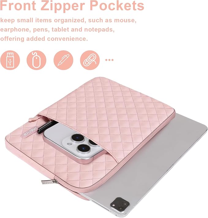 MOSISO 9-11 inch Tablet Sleeve Case for iPad A16 2025, iPad Air 11 inch M3 M2, iPad Pro 11 M4, iPad 10/9/8/7th, Galaxy Tab A9+/S9/S8/Plus 11, Square Quilted Vertical Bag with Small Case, Chalk Pink
