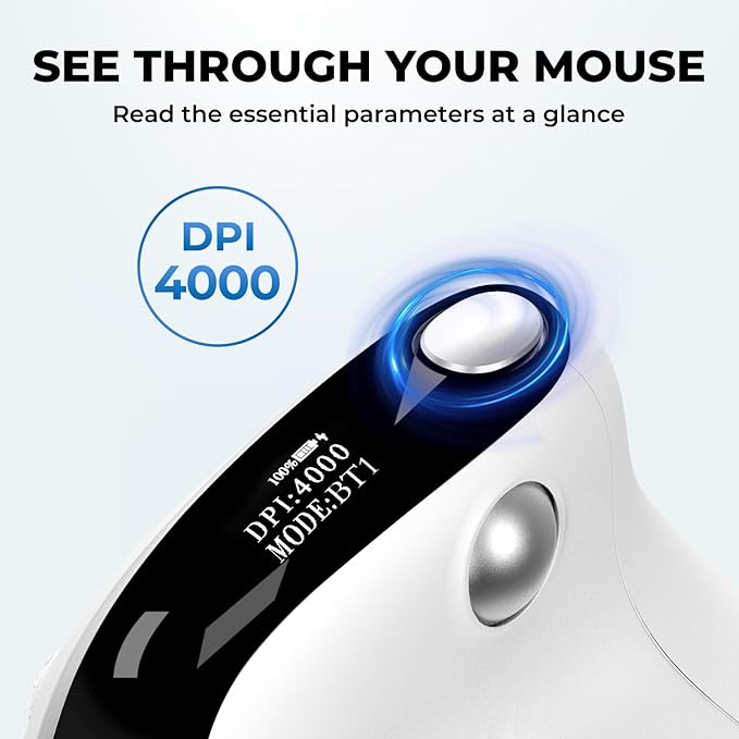 DELUX Seeker Ergonomic Mouse Wireless, Vertical Mouse with OLED Screen, 6 Buttons&Thumb Wheel Function, Silent Click, Up to 7200DPI, Programmable, Rechargeable, BT/2.4G/Wired, RGB Light(M618XSD-White)