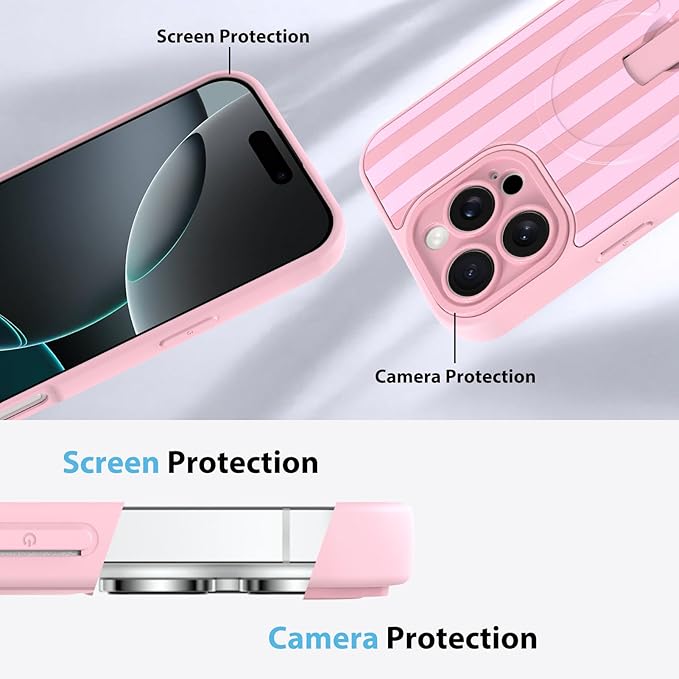 KANGHAR Compatible with iPhone 16 Pro Case, Support for MagSafe, Silicone Stripes Cute Pattern, Wristband Kickstand Camera Protection Soft Slim Cover for Girls Women -Pink