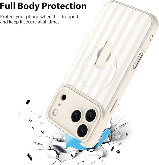 KANGHAR Compatible with iPhone 17 Pro Case, Support for MagSafe, Silicone Stripes Cute Pattern, Wristband Kickstand Camera Protection Soft Slim Cover for Girls Women -White
