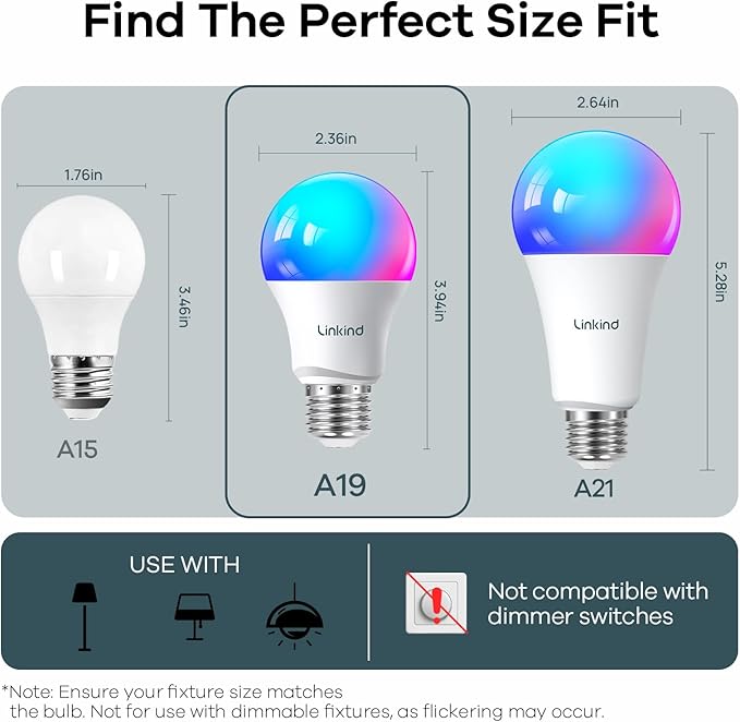Linkind Smart Light Bulbs, A19 Smart Bulb - 1100LM(75W Equivalent), Compatible with Alexa & Google Home, E26 RGBTW Color Changing Bulbs with Music Sync, 2.4GHz Wi-Fi & Bluetooth, 11W, 4Pack