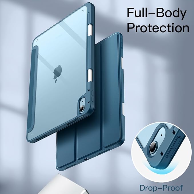 JETech Case ONLY for iPad Air 11-Inch M4/M3/M2 (2026/2025/2024), iPad Air 5/4 (2022/2020 5th/4th) with Pencil Holder, Clear Transparent Back Slim Stand Shockproof Tablet Cover (Blue)