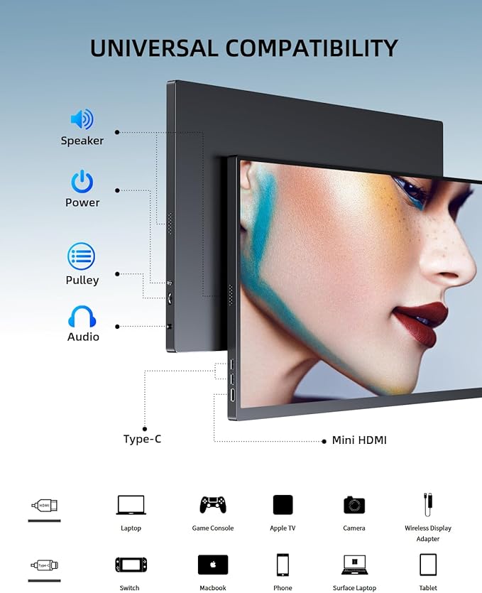 UPERFECT Portable Monitor 18.5" 120HZ 125% sRGB Portable Laptop Monitor w/VESA & Stand, FreeSync HDR Gaming Monitor, 350Nits USB-C & MINI HDMI Travel Second Screen for Laptop, PC, Game Consoles
