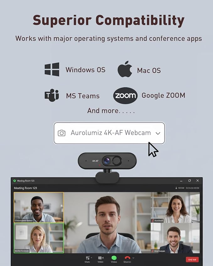 Webcam 4K UHD with Autofocus Lens, Crystal Clear Microphone, Privacy Cover, Extendable Tripod, for PC,Laptop, Zoom,Teams,Windows,MacOS