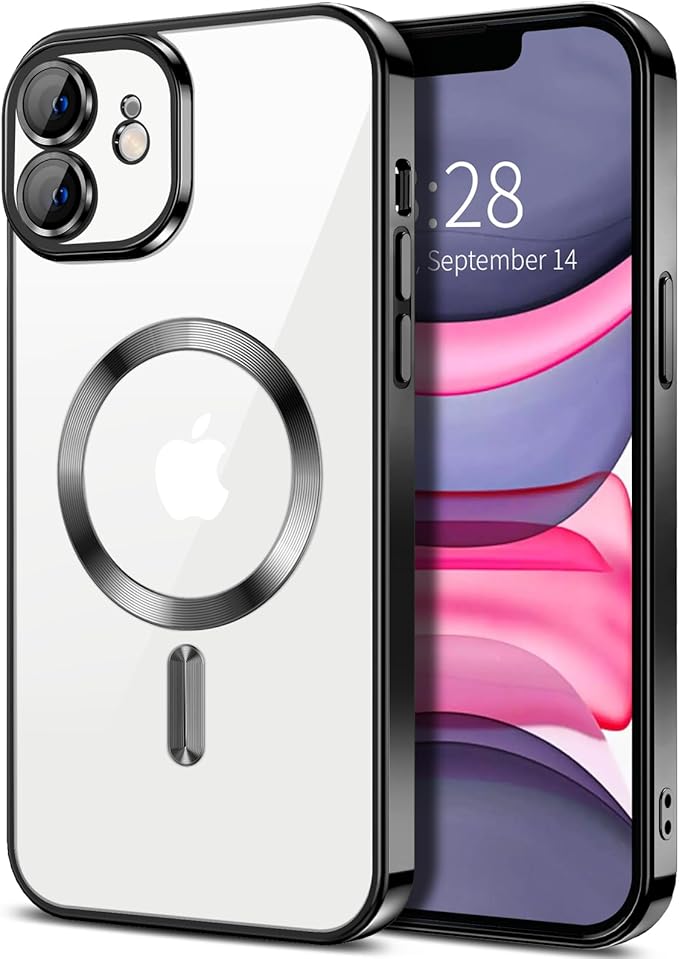 Hython Magnetic Clear for iPhone 11 Case with Camera Lens Protector [Compatible with MagSafe] Luxury Plating Edge Slim Soft TPU Cover Protective Phone Case for iPhone 11 6.1", Black