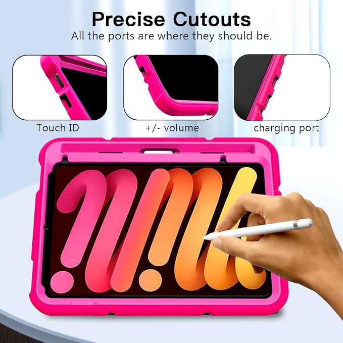 Grifobes Case for iPad mini 7th 2024 (A17 Pro) / Mini 6th Generation 2021 8.3", Heavy Duty Shockproof Cover with Pencil Holder Stand, for i Pad Mini 7/6 Gen 8.3 inch Case Girls (Hot Pink)