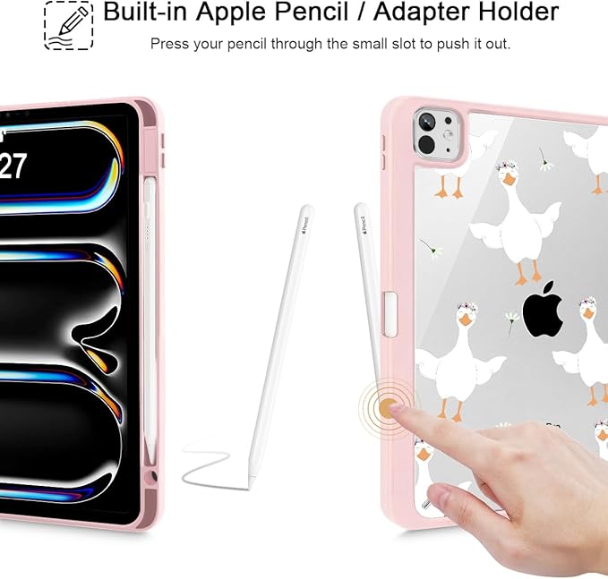 May Chen for iPad Pro 13 Inch Case M5 2025 / M4 2024, Built Pencil Holder & Clear Transparent Print Back Shell Slim Stand Shockproof Tablet Cover, Auto Wake/Sleep, Goose Flower