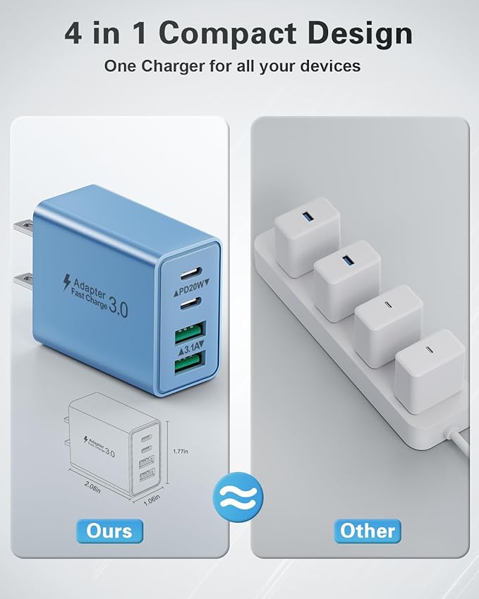USB C Charger Block, 2-Pack 40W USB C Fast Charging Block 4-Port Dual PD+QC Power Adapter Double USBC Charger Block Multiport Type C Cube Wall Plug for iPhone 16 15 14 13 12 11 Pro Max, Samsung