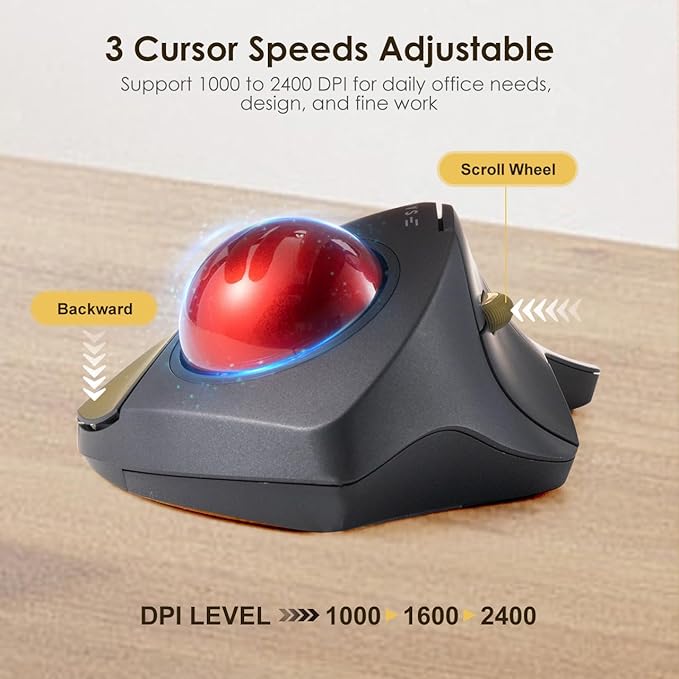 SANWA Bluetooth 5.1 + 2.4 G Wireless Ergonomic Trackball Mouse, Finger Control Roller Ball Mouse, 3 Device Switch, Silent Programmable Buttons, 1000/1600/2400 DPl, Compatible with PC, Windows, MacOS