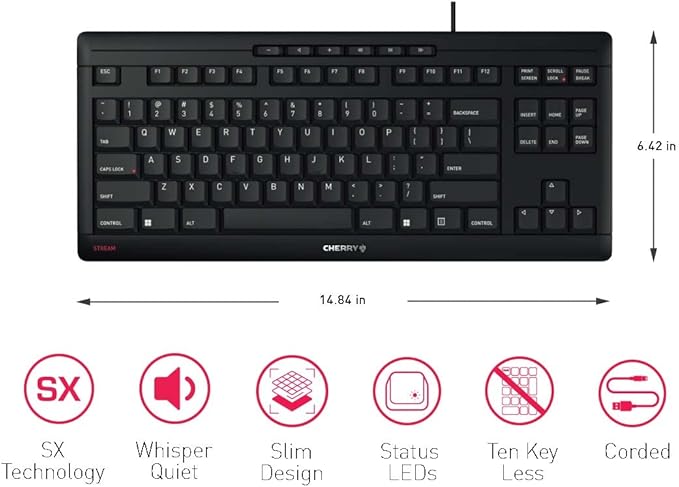 Cherry Stream Keyboard TKL, Wired Keyboard Without Number Pad, Whisper Quiet Keys, Unique Typing Feel, Slim Design, SX Scissor Switches, QWERTY, Black