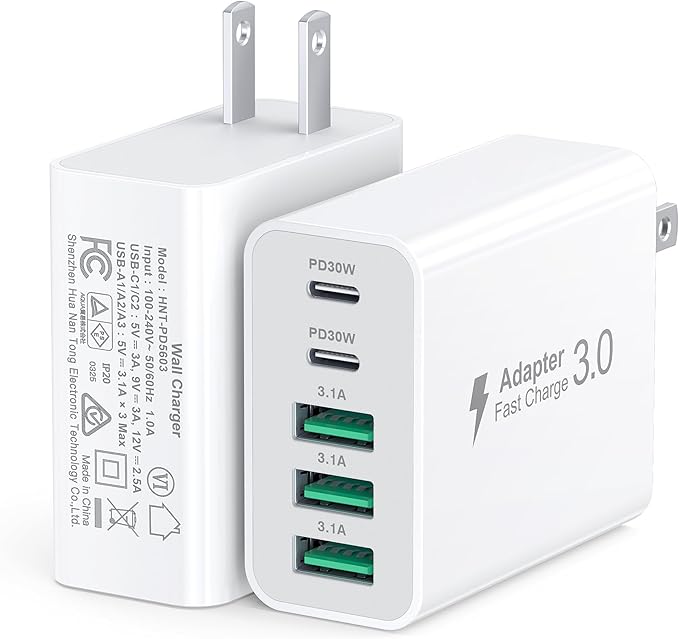 60W Fast Charger Block,2-Pack USB C Wall Charger,5-Port Dual 30W PD Charging Adapter+QC 3.0 Wall Plug Multiport Total power 60W Type C Charging Cube Brick For iPhone 17/16/15/14/13/Pro Max,iPad,Galaxy