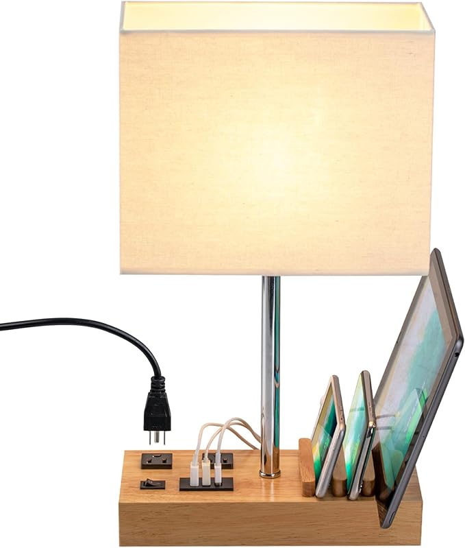 Briever Upgraded 3 USB Table Lamp with 2 USB A & C Charging Ports, Bedside Desk Lamp with 2 AC Outlets and Wooden Phone Stand Organizer, Nightstand Lamp for Bedroom, Living Room, Office, Natural Wood