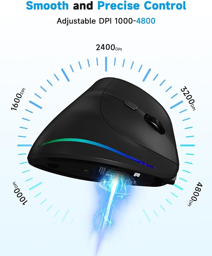 AOC 2.4GHz Ergonomic Mouse, Wireless Bluetooth Vertical Mouse for Work, 4800 DPI Optical Tracking, 5 Adjustable DPI, Quiet Clicks, RGB Light, Compatible with Computer, Laptop, PC, Mac, Desktop - Black