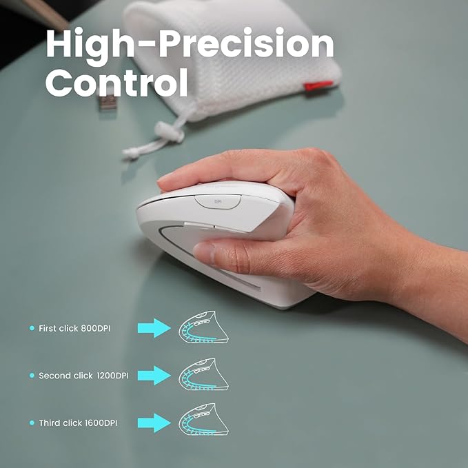 Perixx PERIMICE-813W Bluetooth Vertical Mouse - Wireless 3-in-1 Multi-Device Spec - Travelling Carry Bag - Ergonomic Right-Handed Design - White
