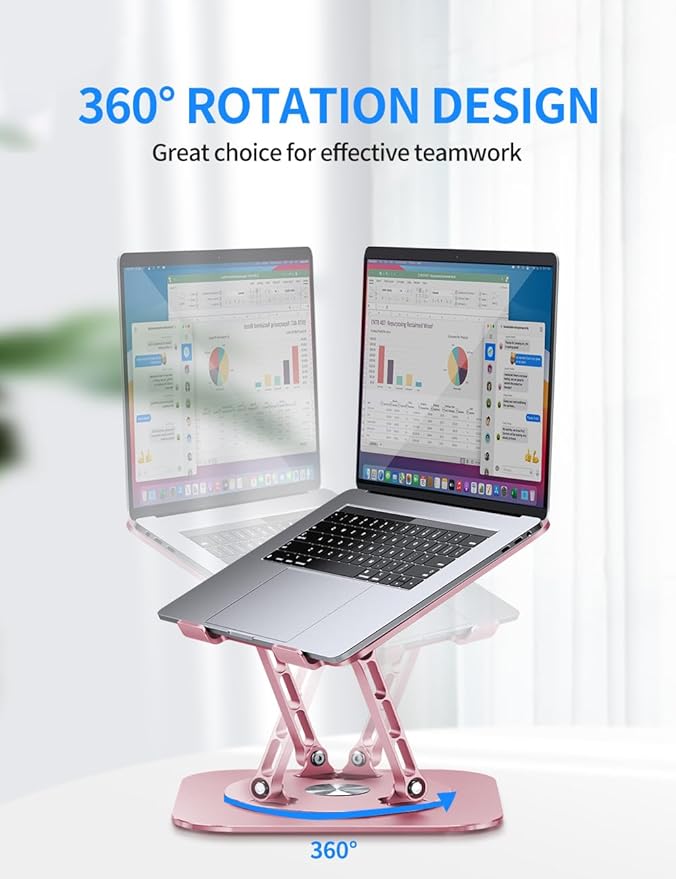 AOEVI Adjustable Laptop Stand with 360 Rotating Base, Computer Stand for Laptop Ergonimic Foldable Laptop Riser for Desk Compatible with MacBook Pro/Air Notebook up to 16 Inches,Pink