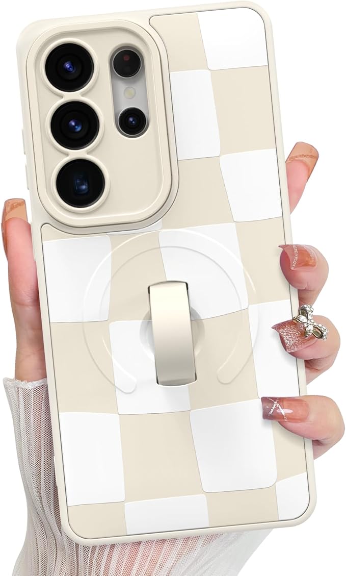 KANGHAR Compatible with Samsung Galaxy S26 Ultra Case, Support for MagSafe, Silicone Checkered Cute Pattern, Wristband Kickstand Camera Protection Soft Slim Cover for Girls Women -White