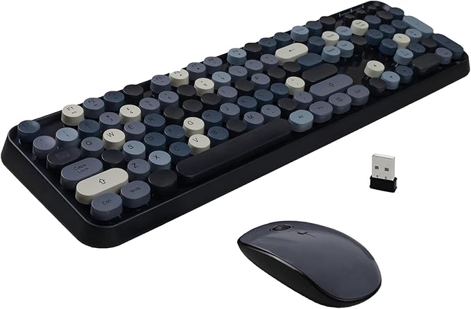 Wireless Keyboard and Mouse Combo, Retro Typewriter Style Round Key Keyboard, 2.4GHz Aesthetic Cute Bubble Full Size Keyboard with Number Pad for PC Computer Laptop Desktop–Black Grey Colorful