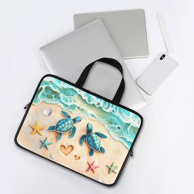 Sea Turtle Laptop Bag 13 Inch Computer Sleeve for Women Men Beach Starfish Padded Notebook Carrying Case with Handle Laptop Cover, Blue
