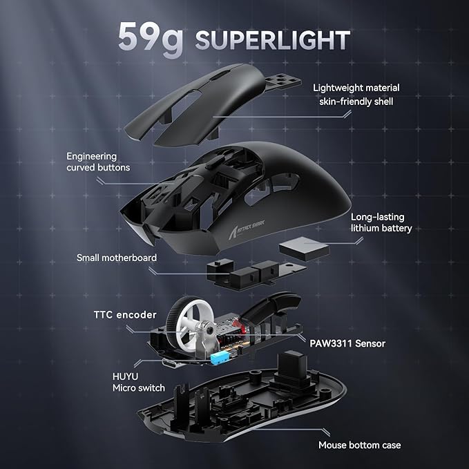 ATTACK SHARK X68 HE Wired Rapid Trigger Mechanical Gaming Keyboard and R1 Mouse with Adjustable Actuation,Coiled Cable,USB C/2.4Ghz Wireless/BT Ultralight 18K DPI Mice for Esport PC Gamer(Moonlight)
