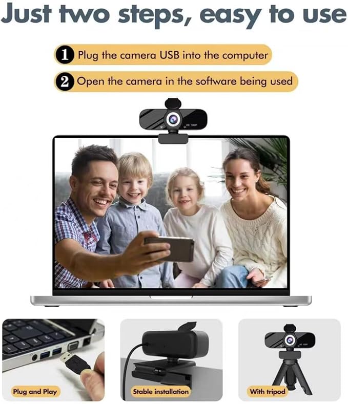 Tewiky Full HD Webcam with Built-in Microphone and Rotatable Tripod, 1080P Video and Wide Angle Camera, Privacy Cover, for Desktop PC or Laptop Computer