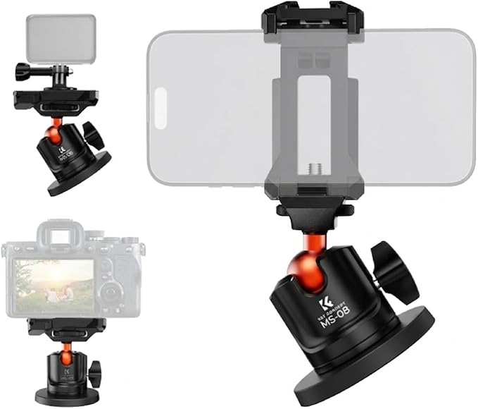 K&F CONCEPT Magnetic Camera Mount for GoPro Hero 13/12/11/10/9 Black, DJI Osmo Action 5 Pro/4/3/2/6, Insta360 X5/X4, 360° Ball Head Mount for Car, Steel, Magnetic Surface Attaching, Phone Mount Holder