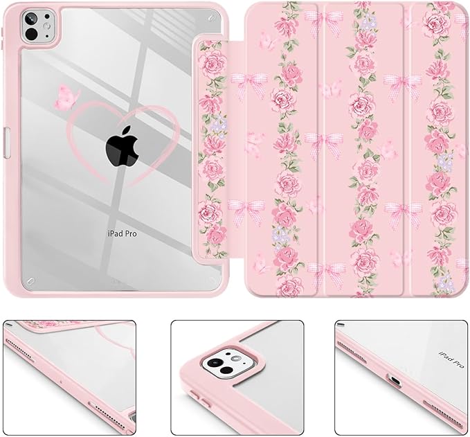 May Chen for iPad Pro 13 Inch Case M5 2025 / M4 2024, Built Pencil Holder & Clear Transparent Print Back Shell Slim Stand Shockproof Tablet Cover, Auto Wake/Sleep, Bow & Rose Flower