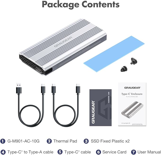 GRAUGEAR M.2 NVMe SSD Enclosure, 10Gbps USB3.2 Gen2 Tool-Free Aluminum External M2 Solid State Drive RGB Enclosure USB C, RTL9210 External Case for PCIe NVMe M-Key B+M Key [G-M901-AC-10G]