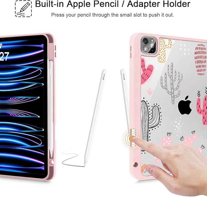 Tuiklol for iPad Pro 12.9 Inch 6th/5th/4th/3rd Generation 2022 2021 2020 2018 Case,Built-in Pencil Holder Clear Transparent Protective Back Shell Cover with Auto Sleep/Wake, Cactus