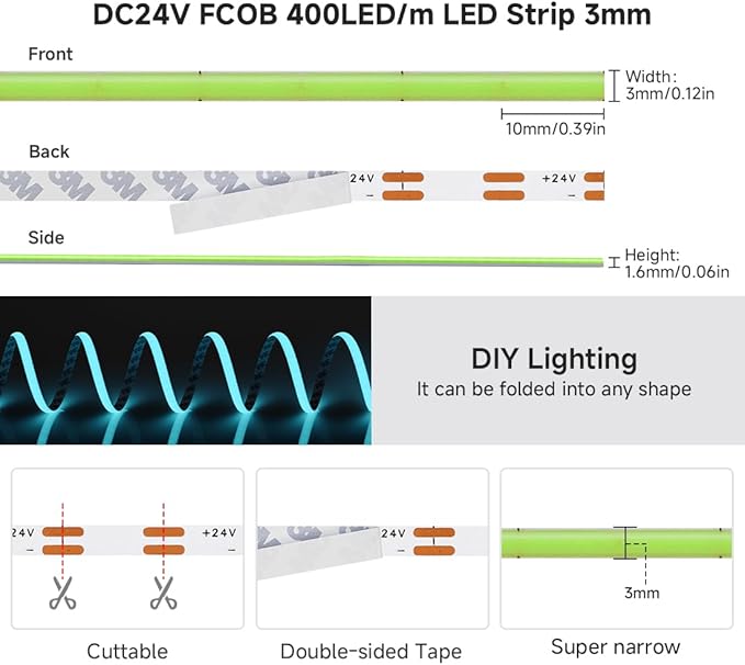 BTF-LIGHTING FCOB COB 3mm Width UL Listed Super Narrow Flexible Uniform LED Strip Light Ice Blue 16.4FT DC24V CRI 90+ Dimmable LED Ribbon for Kitchen Home Indoor Decor(No Adapter or Controller)