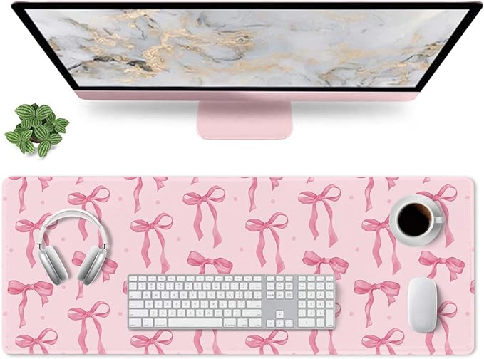 Pink Mouse Pad, Large Pink Desk Mat Bows Computer Mat, Gaming Keyboard and Mouse Pad Non-Slip Rubber Base, Stitched Edge, Cute Girly Office Supplies Desk Accessories Decor for Women 31.5 x 11.8in