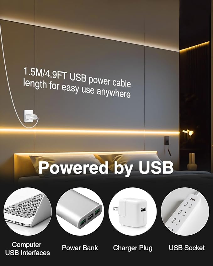 Aclorol COB LED Strip Light 5V USB 6.56FT/2M 640LEDs Dimmable LED TV Backlights Warm White 3000K with 8mm Width Cuttable for Display Cabinet Living Room Entertainment DIY Lighting Decoration (2 Pack)