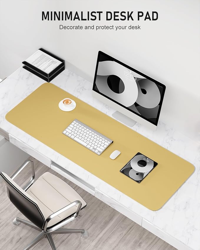 Desk Pad, 48" x 17" PU Leather Non-Slip Desk Mat Large Mouse Pad for Desktop, Waterproof Laptop Computer Writing Mat for Office, Home, Work, Gaming, Pale Yellow