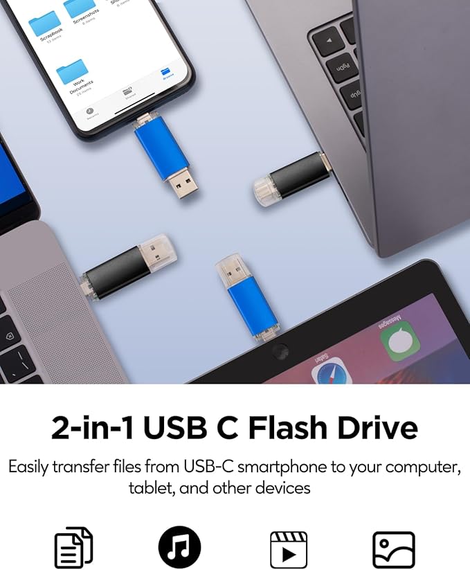 AreTop 64GB USB C Flash Drive Dual USB 2.0 Flash Drive Type C + USB A Portable USB-C Thumb Drive 2-in-1 Type-C Memory Stick for Android Smartphone, Computers, MacBook, Tablets, 2 Pack, (Black & Blue)