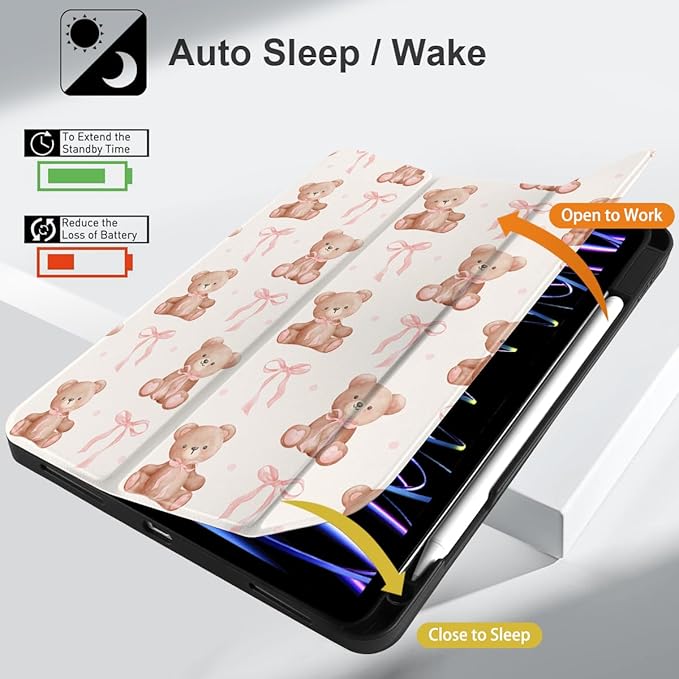 DONGKE Case for 2022/2021/2020/2018 iPad Pro 11 inch Gen 4/3/2/1 - Slim Protective Case - Built in Pencil Holder Support Charging - Trifold Stand & Sleep/Wake Cover- Bear
