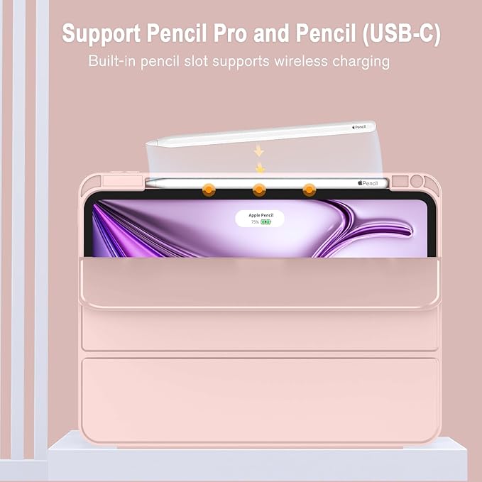 ZryXal New iPad Air 13 Inch Case M3 2025/M2 2024 with Pencil Holder, Trifold Stand Smart Case with Soft TPU Back,Auto Wake/Sleep(Rose Pink)