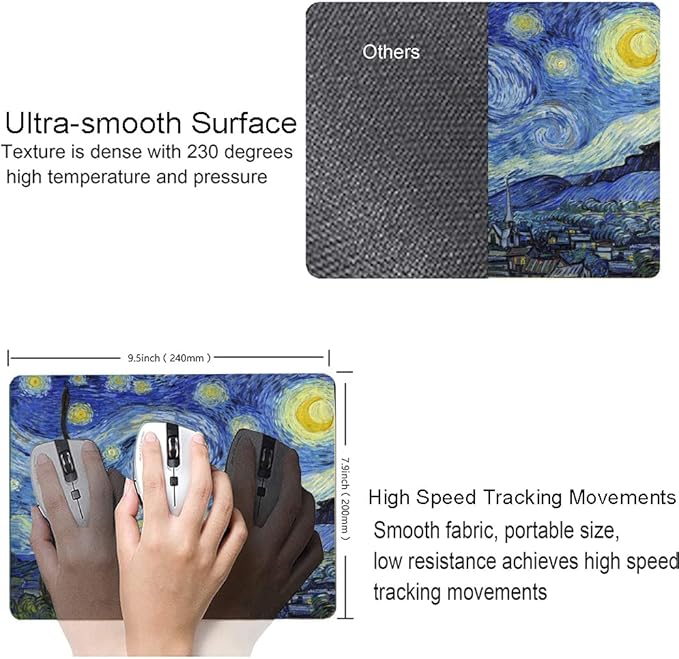 Mouse Pad, Premium-Textured Mouse Mat, Non-Slip Rubber Base Mousepad for Laptop, Computer & PC,9.5×7.9 in,Van Gogh Starry Night