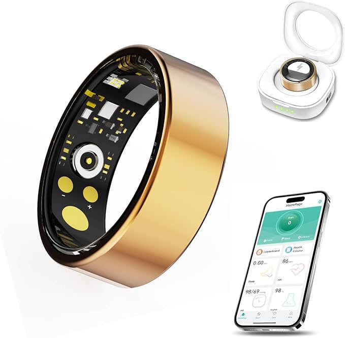 Smart Ring for Men & Women, Fitness and Health Tracker with Sleep Monitoring, Steps Counting, Daily Wellness Insights, IP68 Waterproof, No Subscription, Compatible with App (Gold, 8)