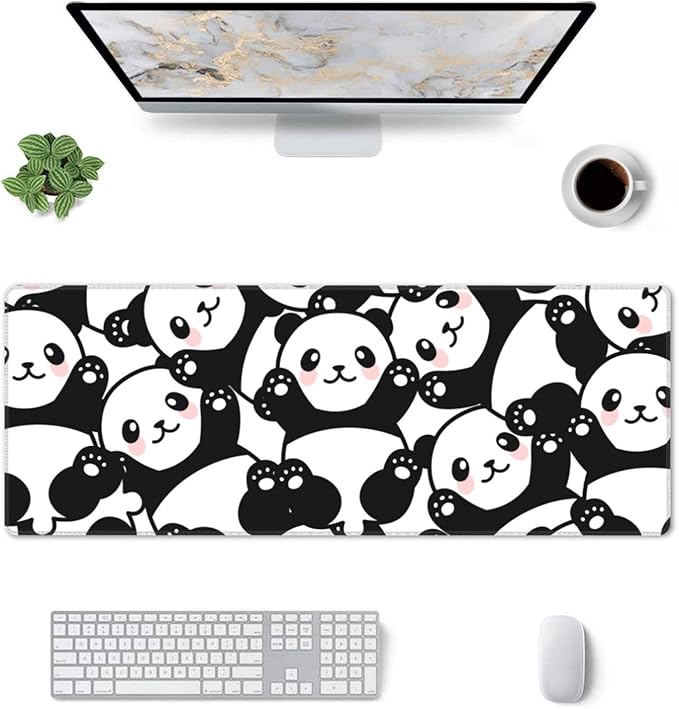 Cute Panda Print Mouse Pad Extended Large Gaming Mouse Pad XL Oversized Desk Pad Stitched Edges Non-Slip Mat 31.5 X 11.8 Inch