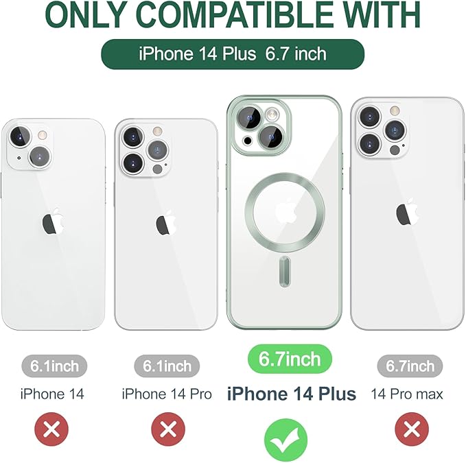 Hython Magnetic Clear for iPhone 14 Plus Case with Camera Lens Protector [Compatible with MagSafe] Luxury Plating Edge Slim Soft TPU Cover Protective Phone Case for iPhone 14 Plus 6.7", Matte Mint