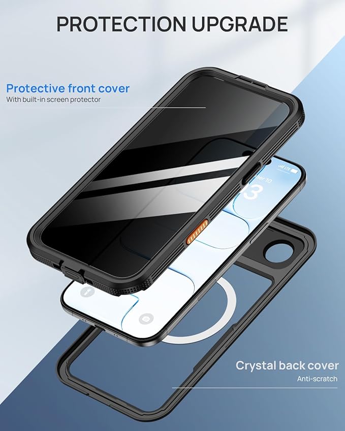 Lanhiem Magnetic for iPhone 17 Air Case, Built-in Privacy Screen Protector, IP68 Waterproof Dustproof Case, Compatible with MagSafe, Anti-Spy Full Body Phone Case for iPhone 17Air 6.5", Black