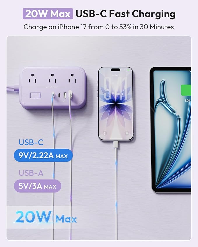 Purple Extension Cord Surge Protector Power Strip with 6 Outlets 4 USB Ports(20W), Flat Extension Cord with Multiple Outlets, 5 ft Flat Plug Outlet Extender for Indoor, Office