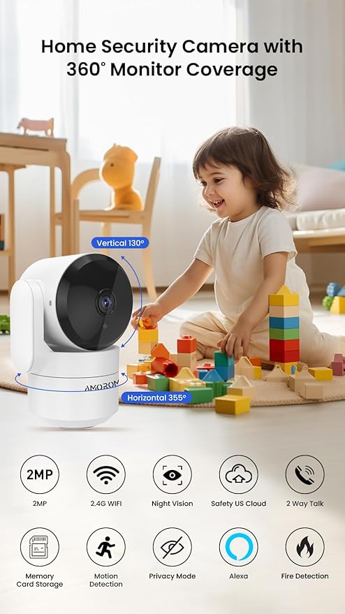 2 Pack Indoor Wired Security Cameras, 360° WiFi Camera for Home/Pet/Baby with Night Vision, AI Motion Detection, 2-Way Audio, Local/Cloud Storage, Compatible with Alexa & Google Assistant