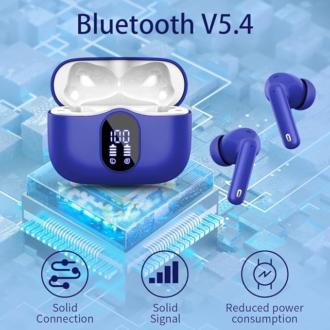 Btootos Wireless Earbuds Bluetooth 5.3 Headphones Bass Stereo Ear Buds with Noise Cancelling Mic LED Display in Ear Earphones IP7 Waterproof 36H Playtime for Laptop Pad Phones Sports Sapphire Blue