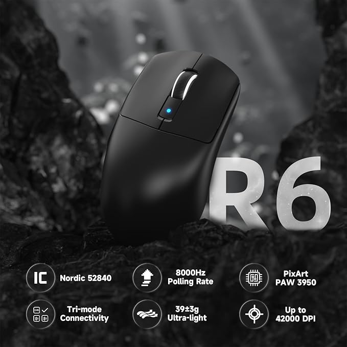 ATTACK SHARK R6 39g Superlight Wireless Gaming Mouse,PixArt PAW3950MAX 42000 DPI,MCU Nodic 52840 Computer Mouse,8K Polling Rate Web Driver,BT/2.4Ghz/Wired Tri-Mode Mice with Coiled Cable-Black