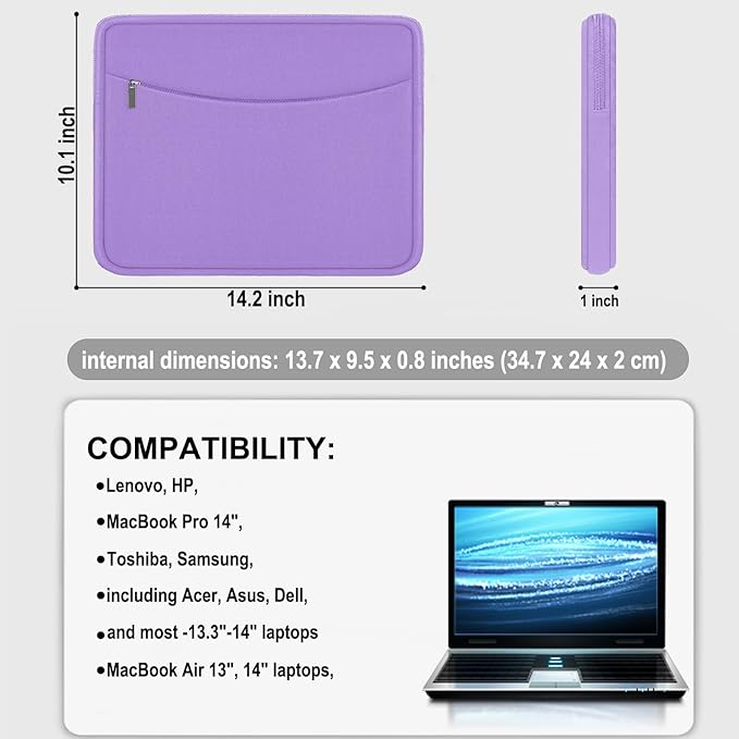 14 inch Laptop Sleeve, Shockproof Protective Laptop Cover Briefcase Carrying Computer Bag with Accessory Pocket Portable Computer Sleeve for 14" MacBook, HP, Dell, Lenovo, Acer, Purple